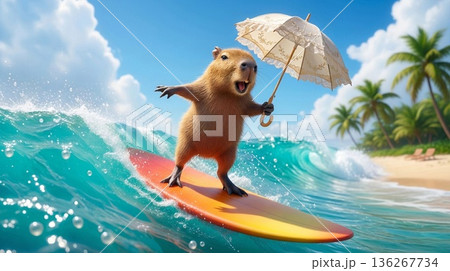 美しい南の海で日傘を持ってサーフィンする赤ちゃんカピバラ 美しい南の海で日傘を持ってサーフィンする赤ちゃんカピバラ 136267734