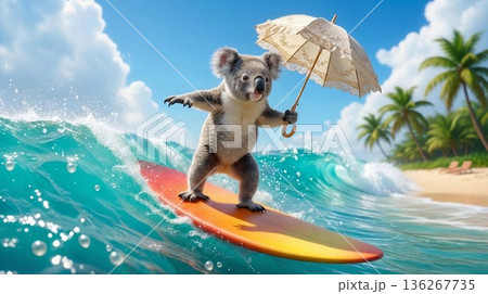 美しい南の海で日傘を持ってサーフィンする赤ちゃんコアラ 136267735