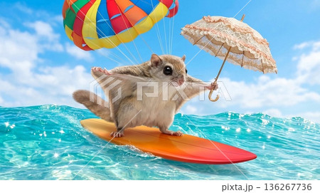 美しい南の海で日傘を持ってパラセーリングサーフィンする赤ちゃんモモンガ 136267736