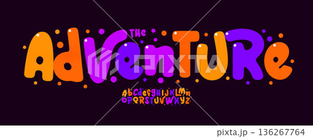 Adventure Font Logo Alphabet Birthday Carnival Letter Set Color Joyful Typography, Creative Typographic Design for Fun Kid Title, Party Poster Headline, Fest Logotype, Cartoon Fonts. Vector Typeface 136267764