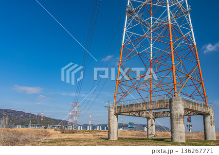 淀川右岸河川敷に立つ送電線鉄塔　大阪府高槻市 136267771