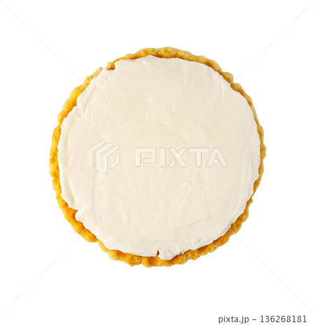Round cracker with cream cheese spread on white Round cracker with cream cheese spread on white 136268181