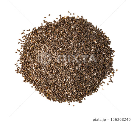 Chia seeds heap on white background for health concept Chia seeds heap on white background for health concept 136268240