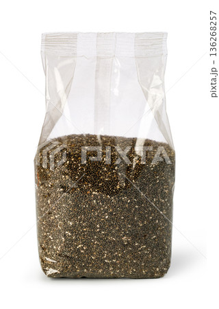 Chia seeds in transparent bag on white background 136268257