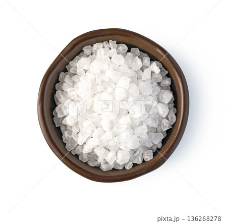 Coarse sea salt crystals in bowl on white background 136268278