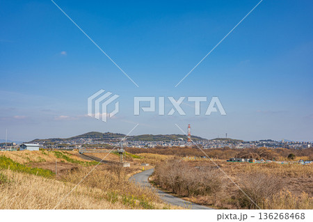 冬の淀川右岸河川敷風景　大阪府高槻市 136268468