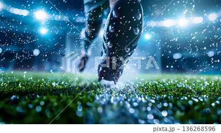 サッカー場での選手の足元のクローズアップ 136268596