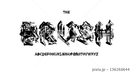 Rough Grunge Font Logo Alphabet Uneven Letter Set Horror Typography, Sharp Psycho Typographic Design for Punk Music Title Text, Typo Poster Headline, Hand Written Crooked Fonts. Vector Typeface Rough Grunge Font Logo Alphabet Uneven Letter Set Horror Typography, Sharp Psycho Typographic Design for Punk Music Title Text, Typo Poster Headline, Hand Written Crooked Fonts. Vector Typeface 136268644