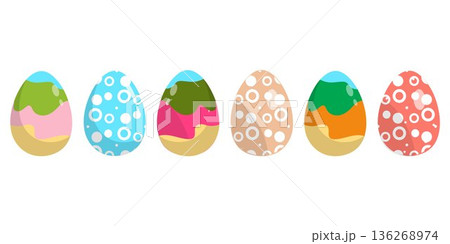 Collection of colorful Easter eggs featuring floral daisy patterns and abstract modern designs in pastel and vibrant tones. Perfect for spring holiday decoration, greeting cards, social media graphics 136268974