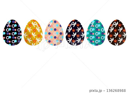 Collection of colorful Easter eggs featuring floral daisy patterns and abstract modern designs in pastel and vibrant tones. Perfect for spring holiday decoration, greeting cards, social media graphics 136268988