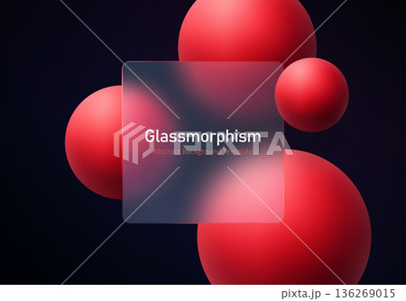 Abstract glassmorphism square panel with red floating spheres on dark gradient background 136269015