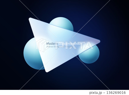Abstract glassmorphism triangle with floating spheres on dark gradient background 136269016