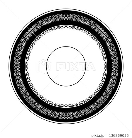 Striking black and white concentric circular design featuring ornate chain link patterns and central circular element. Bold, graphic frame or border. For ceramic, porcelain, plate, textile, embroidery Striking black and white concentric circular design featuring ornate chain link patterns and central circular element. Bold, graphic frame or border. For ceramic, porcelain, plate, textile, embroidery 136269036