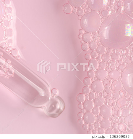 Bubbles of body gel or soap foam or shaving gel. Closeup. Copy space 136269085