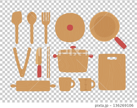 Illustration of a collection of natural wooden cookware Illustration of a collection of natural wooden cookware 136269106