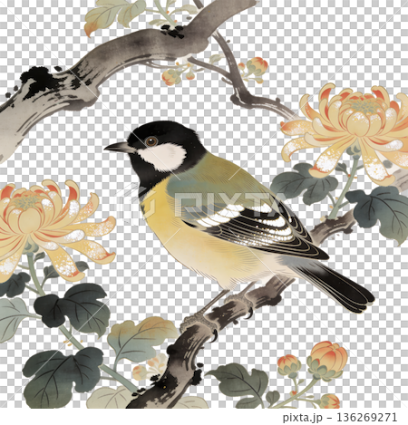 日本画風の鳥と花のイラストセット(和風・春・切り抜き) 日本画風の鳥と花のイラストセット(和風・春・切り抜き) 136269271