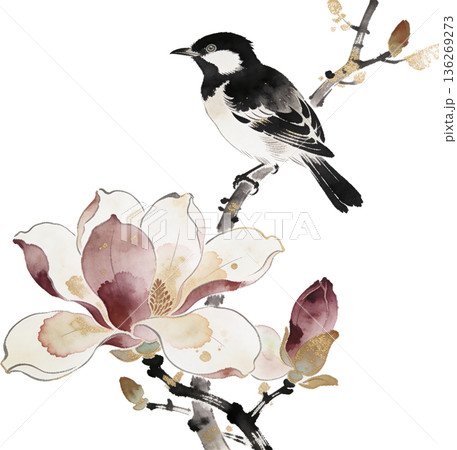 日本画風の鳥と花のイラストセット(和風・春・切り抜き) 日本画風の鳥と花のイラストセット(和風・春・切り抜き) 136269273