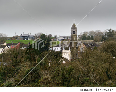 Historic stone church with bell tower stands among village houses, partially hidden by bare deciduous trees. A modern home sits on a green hill under a grey winter sky in rural Ireland. 136269347