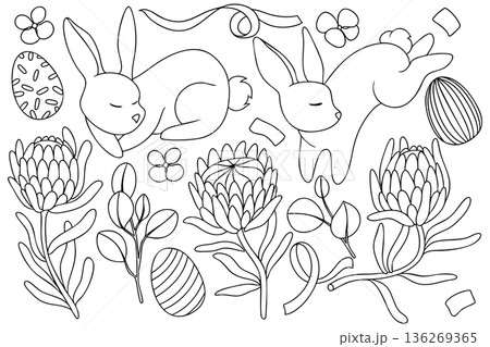 An Easter set with cute vector Easter bunnies, flowers, bows, and ribbons. Coloring page. An Easter set with cute vector Easter bunnies, flowers, bows, and ribbons. Coloring page. 136269365