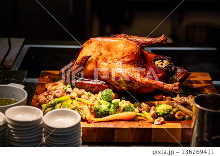Top view of roasted chicken, focus selective 136269411