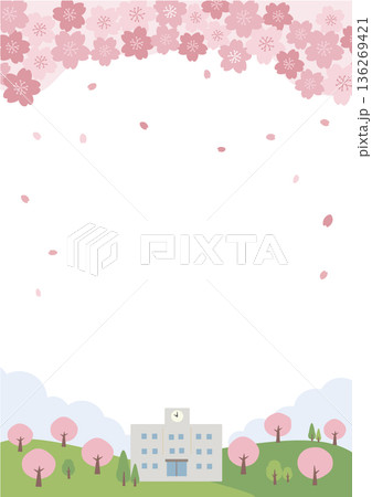 春の背景イラスト　桜と学校　新生活応援　新学期 136269421