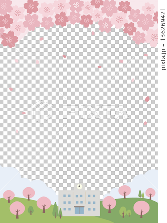 春の背景イラスト　桜と学校　新生活応援　新学期 136269421