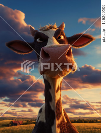 Giraffe with expressive face towers over a sunset field. Warm evening light highlights the giraffe and the distant barn. 136269509