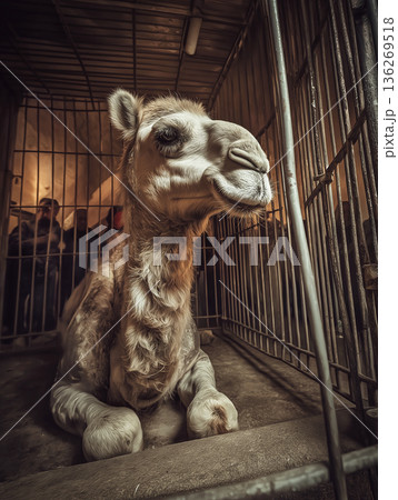 Camel sits in a cage at a fair. Warm light highlights the camel and the metal bars. 136269518