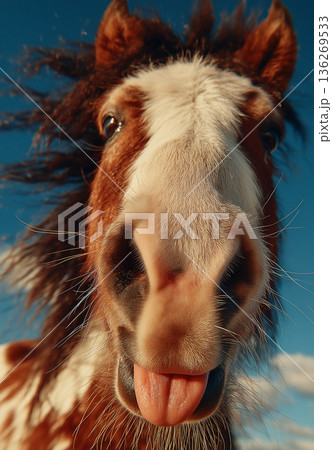 Horse close-up tongue out under a blue sky. Wind moves the mane for a playful moment. 136269533