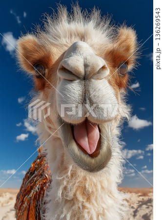 Camel close up in the desert sticking its tongue out. Bright daytime sun and blue sky create a playful mood. 136269543