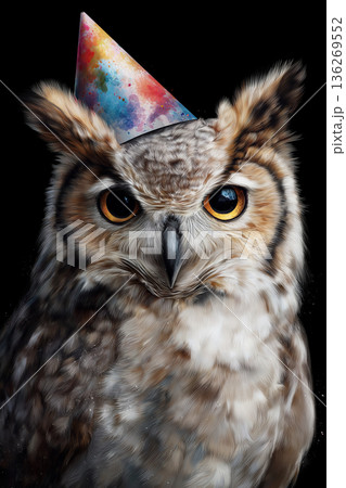 Owl wearing a colorful party hat against a black background. The owl's amber eyes stare forward. 136269552