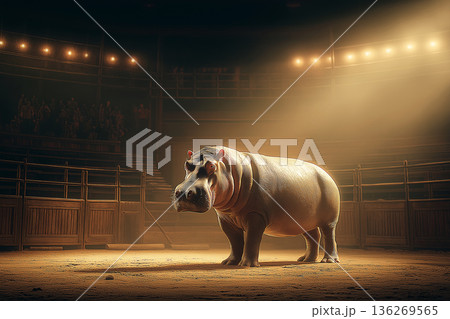 Hippo stands in a circus ring under a warm spotlight. Amber lights highlight the hippopotamus in the ring. 136269565