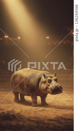 Hippopotamus stands in a circus arena under warm spotlights. Spotlights bathe the hippo with a warm glow in a quiet arena. Hippopotamus stands in a circus arena under warm spotlights. Spotlights bathe the hippo with a warm glow in a quiet arena. 136269566