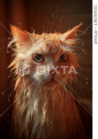 Orange cat drenched in water in a wooden backdrop. Wet fur and dripping whiskers create a dramatic close up. 136269581