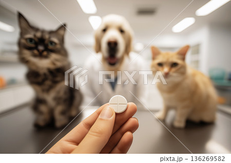 A veterinarian holds a pill in a veterinary clinic in the foreground. A dog and two cats watch. A veterinarian holds a pill in a veterinary clinic in the foreground. A dog and two cats watch. 136269582