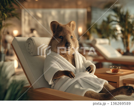 Mammal wearing a white bathrobe lounges in a spa lounge. Evening light bathes the spa in warm tones. Mammal wearing a white bathrobe lounges in a spa lounge. Evening light bathes the spa in warm tones. 136269589