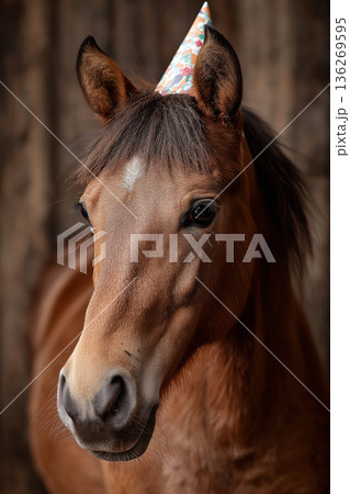 Horse wearing a party hat in a barn. Festive hat and warm light create a cheerful mood. 136269595