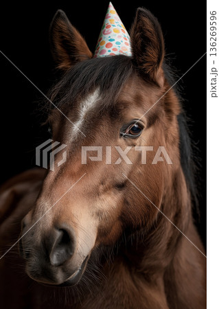 Horse wearing a birthday party hat on a black background. Festive birthday theme with a close-up portrait. 136269596