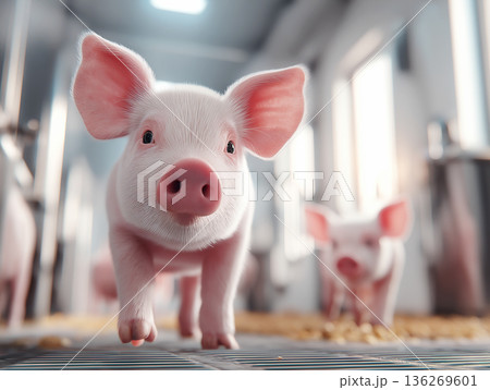 White piglet walks toward the camera in a barn. Other piglets stand in the background. 136269601