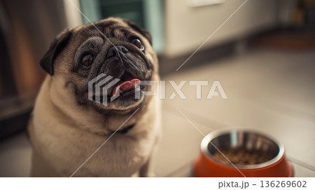 Pug looks up in the kitchen. Orange bowl sits beside the dog. 136269602