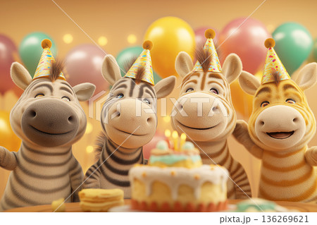 Four zebras celebrate a birthday party. Colorful balloons and a cake create a festive mood. Four zebras celebrate a birthday party. Colorful balloons and a cake create a festive mood. 136269621