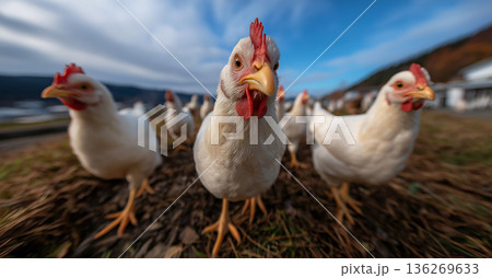 White chickens gather in a farmyard. Bright daylight highlights the flock. 136269633