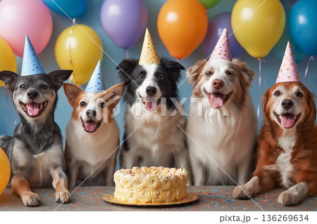 Five dogs wear party hats and pose for a birthday party in a studio. Colorful balloons and a cake complete the festive scene. 136269634