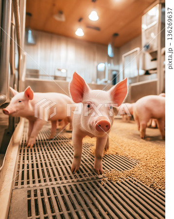 Piglets stand on a slatted metal floor inside a barn. Pellets spill on the floor as piglets explore. 136269637