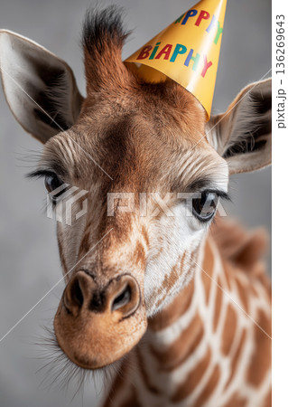 Giraffe wearing a birthday hat in a studio. The close up highlights the giraffe's face and the party hat. Giraffe wearing a birthday hat in a studio. The close up highlights the giraffe's face and the party hat. 136269643