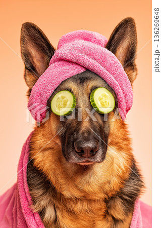 German shepherd wearing cucumber slices over eyes relaxes in a pink background spa setup. Towel wrapped around the head adds to the spa vibe. 136269648