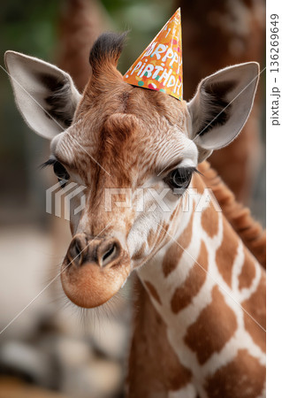 Giraffe wearing a birthday hat at the zoo. Festive close up shows colorful hat and cheerful expression. Giraffe wearing a birthday hat at the zoo. Festive close up shows colorful hat and cheerful expression. 136269649