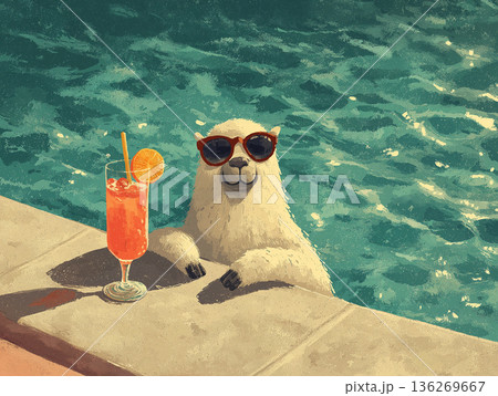Polar bear wearing red sunglasses lounges at poolside with a bright cocktail. Sunglasses and orange cocktail create a playful vacation mood. 136269667