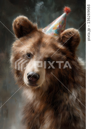 Brown bear wearing a party hat in a studio. Party hat adds festive whim to the portrait. 136269668