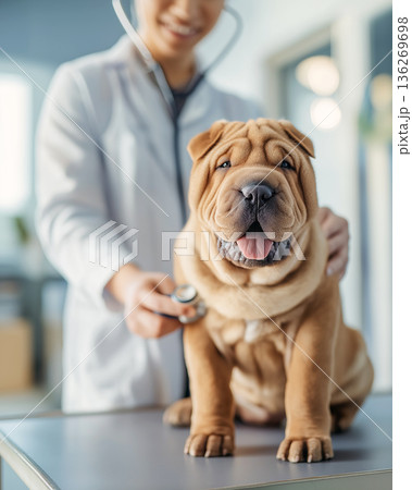 Veterinarian examines Shar-Pei puppy on examination table at veterinary clinic. A vet conducts a medical checkup while the dog sits calmly. 136269698